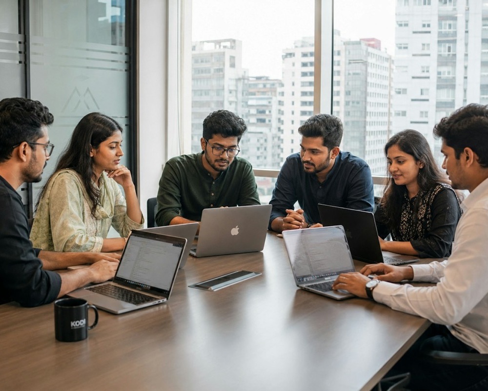 Team meeting around a conference table with laptops