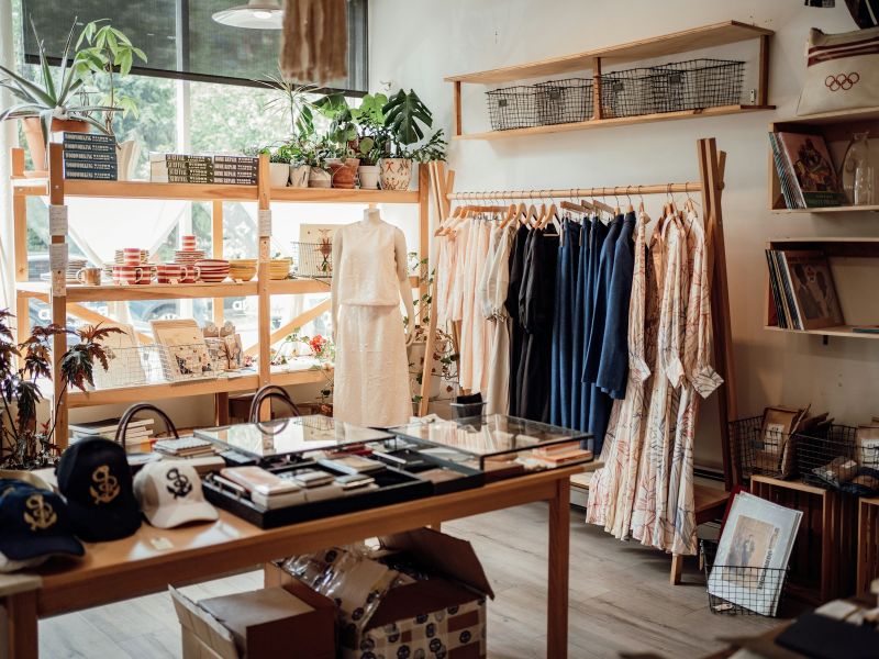 Clothes and accessories on display in a boutique