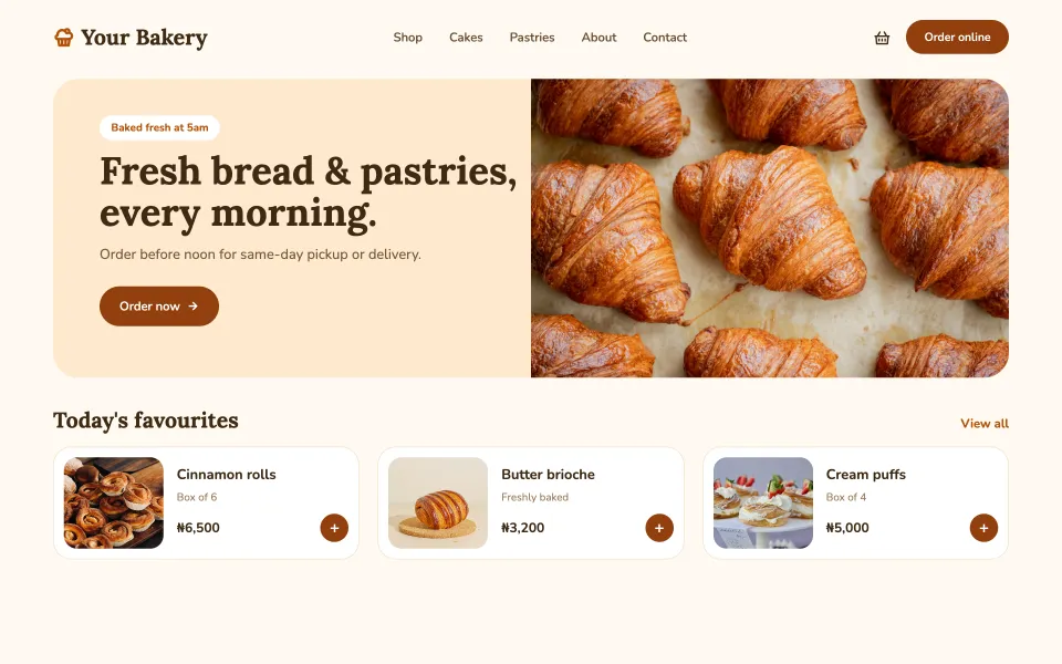 Sample website design for a bakery shop