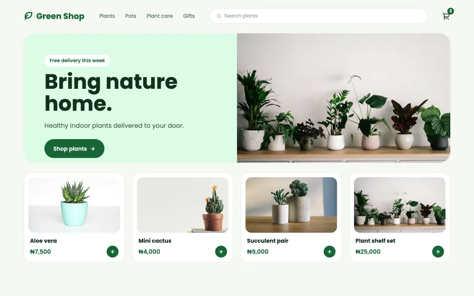 Sample website design for a online plant shop