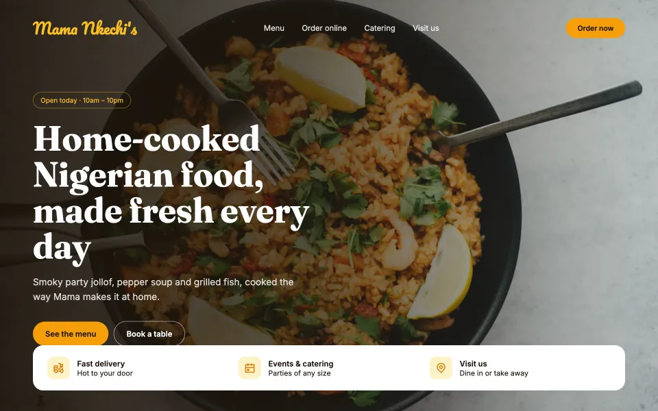 Sample website design for a restaurant